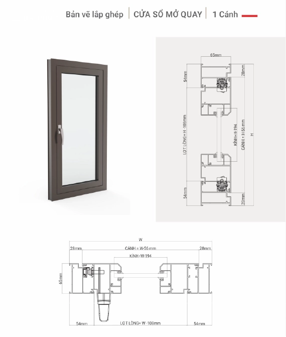 Bản vẽ cửa sổ 1 cánh mở quay nhôm Maxpro hệ 65