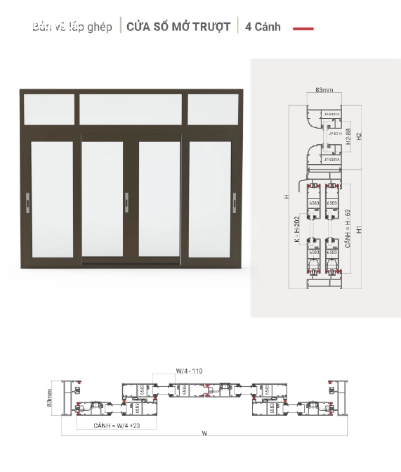Bản vẽ cửa sổ lùa 4 cánh nhôm Maxpro hệ 83