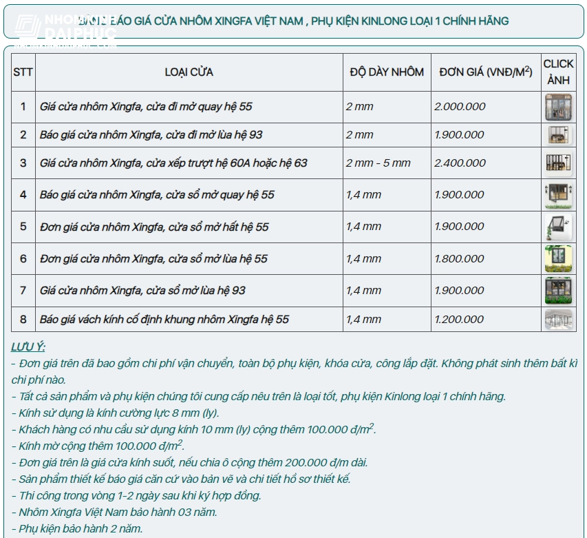 Bảng Giá Cửa Nhôm Xingfa Việt Nam