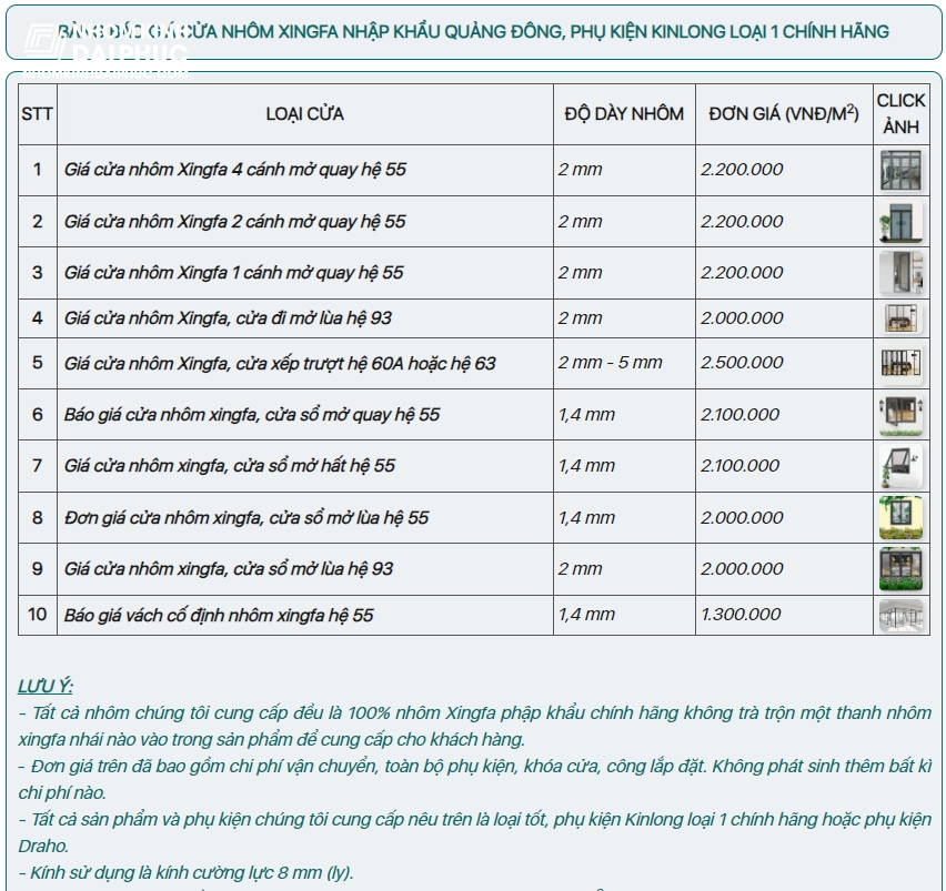 Bảng Giá Cửa Nhôm Xingfa
