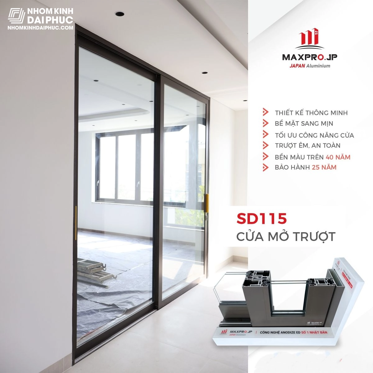 Cửa đi lùa 2 cánh nhôm Maxpro hệ 115