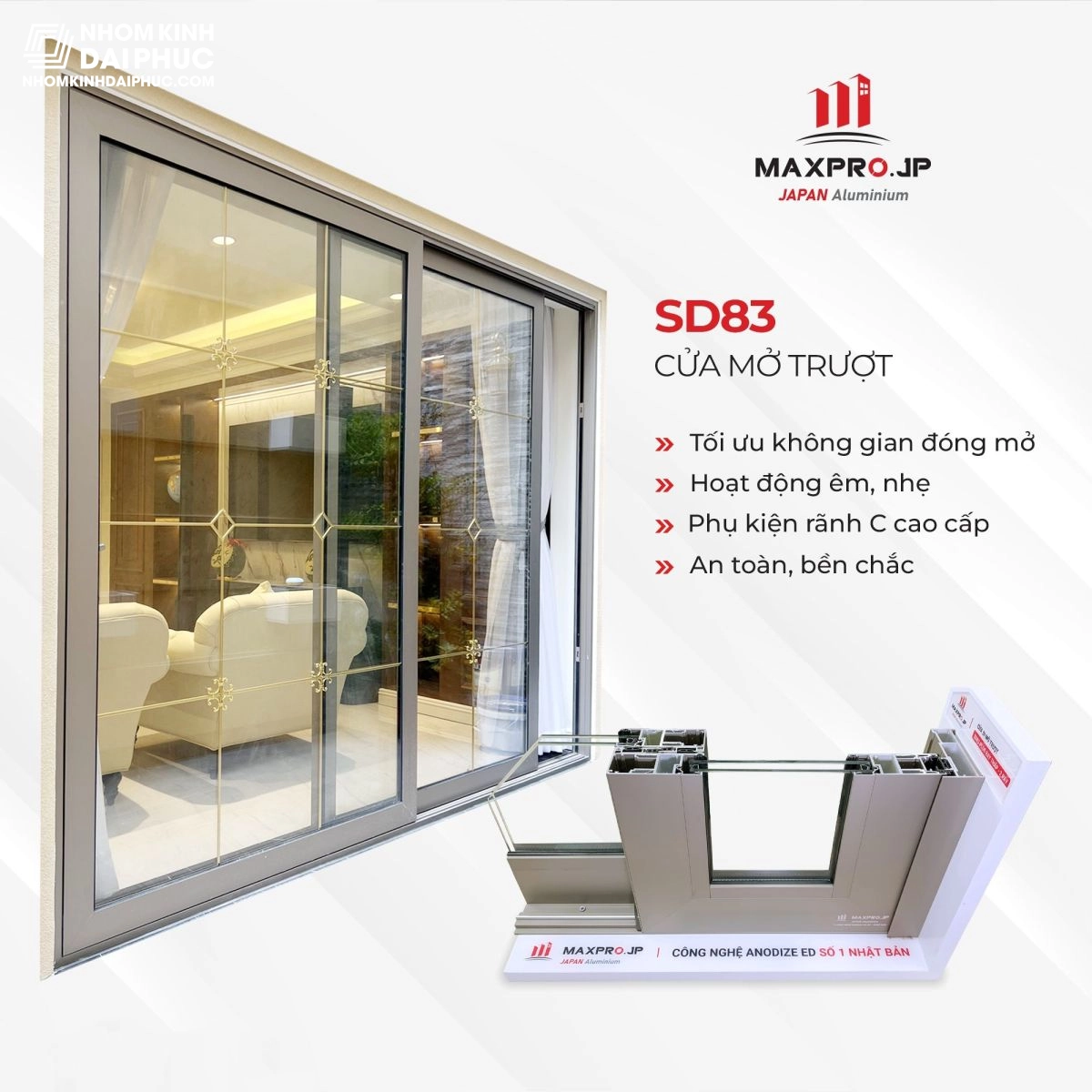 Cửa đi lùa 2 cánh nhôm Maxpro hệ 83