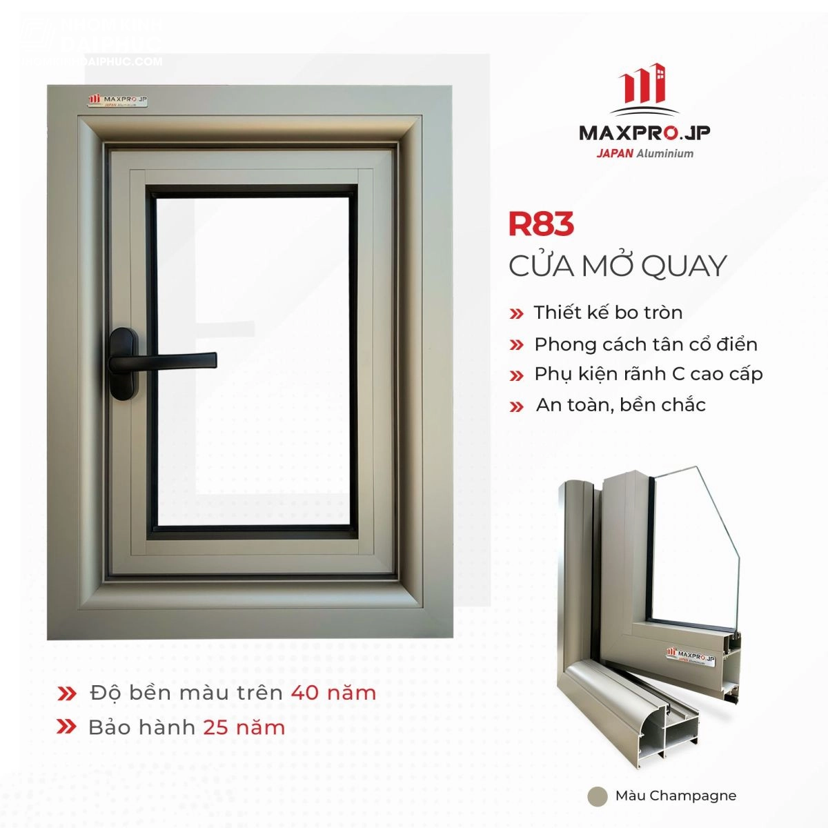Cửa sổ 1 cánh mở quay nhôm Maxpro hệ 83