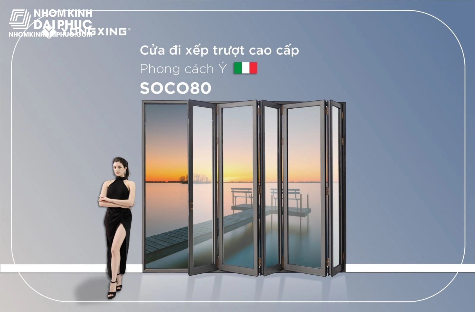Cửa nhôm Yongxing Soco hệ 80 xếp trượt