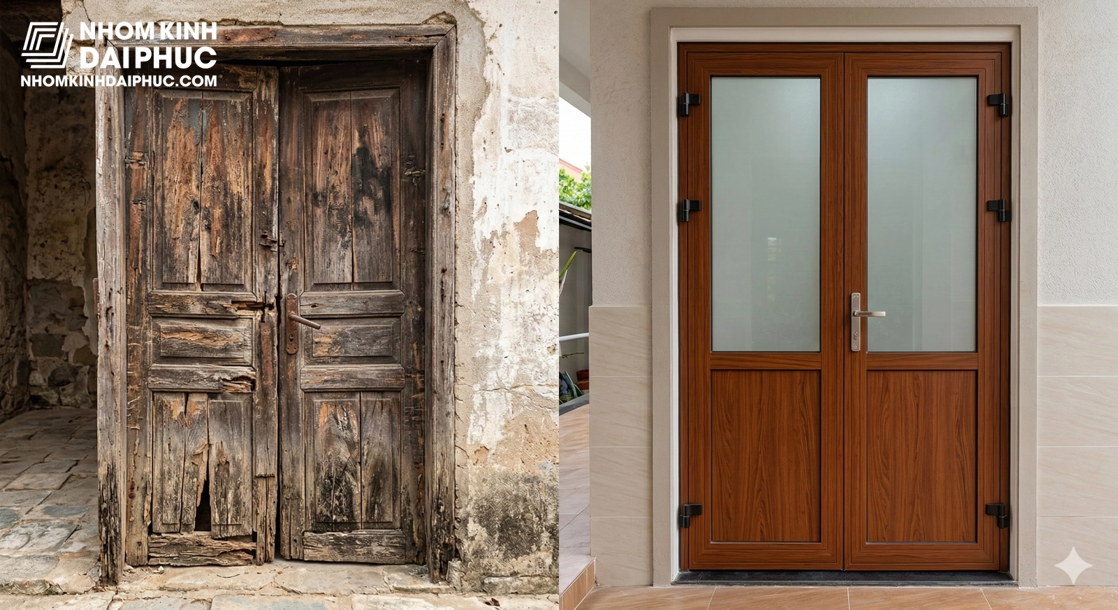 Ảnh so sánh một bộ cửa gỗ cũ bị nứt nẻ đối lập với cửa nhôm Xingfa giả gỗ