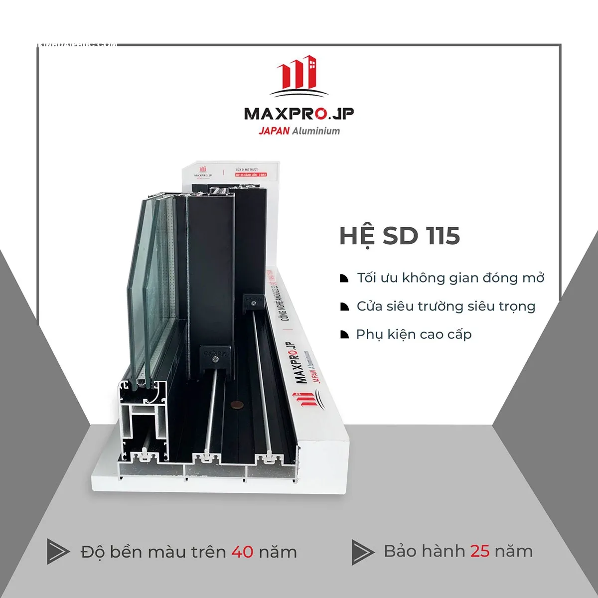 Mặt cắt kỹ thuật của thanh profile nhôm Maxpro hệ 115 với gân tăng cứng ưu việt.