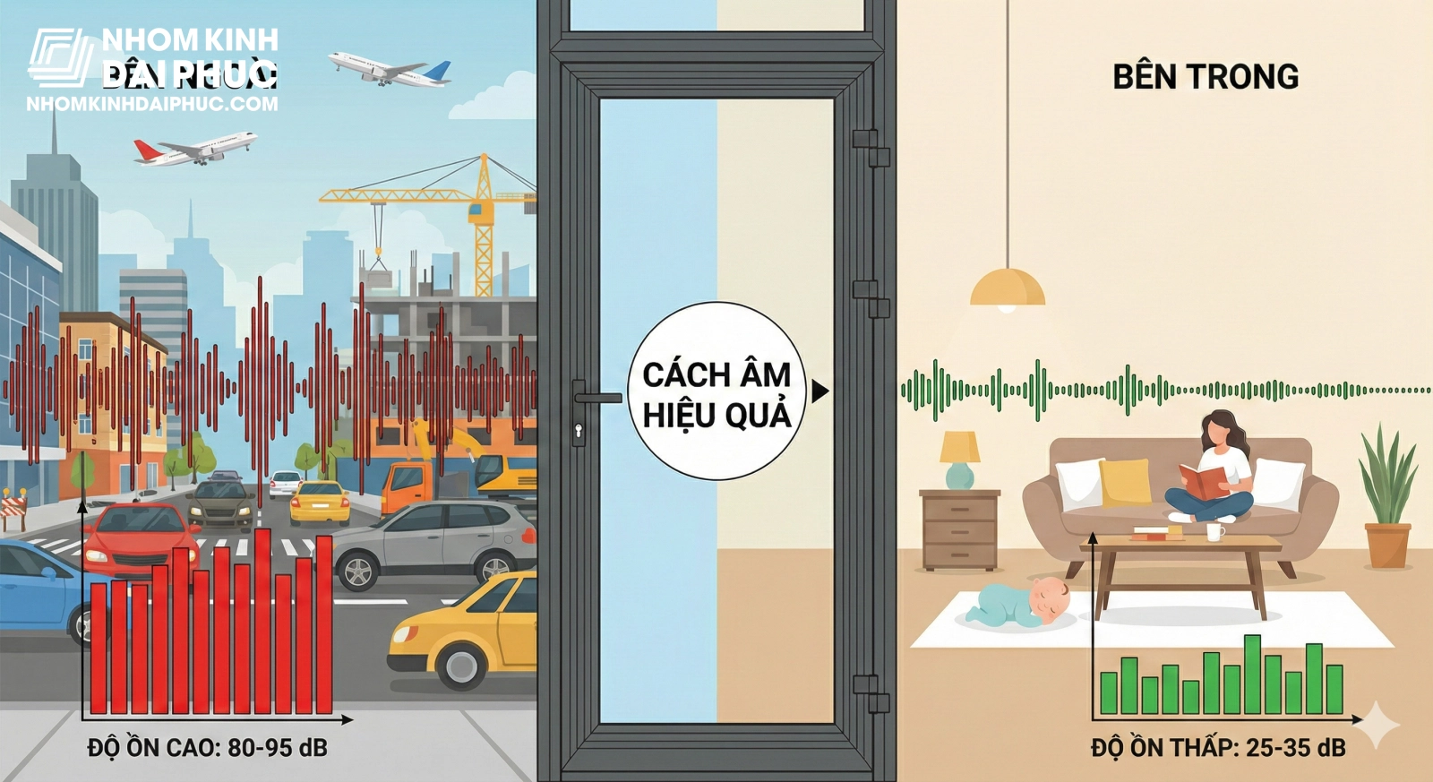 Biểu đồ so sánh độ ồn bên ngoài và bên trong khi đóng cửa kín