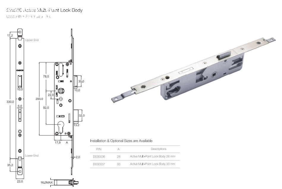 Thông số kỹ thuật thân khóa đa điểm 22x330 D030026 Cmech
