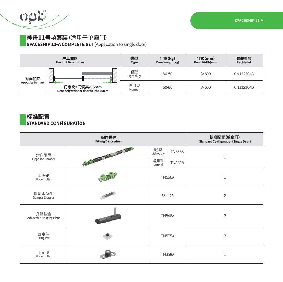 Bảng thông số phụ kiện OPK lùa 1 cánh