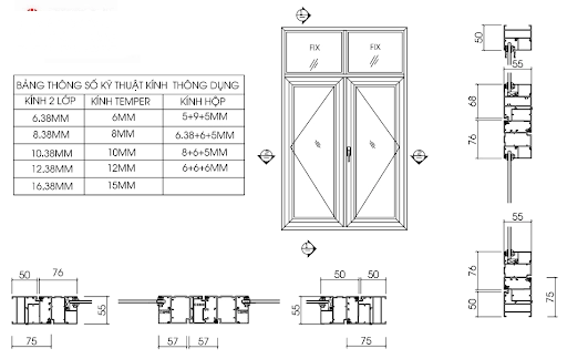 Bản vẽ cửa sổ mở quay 2 cánh
