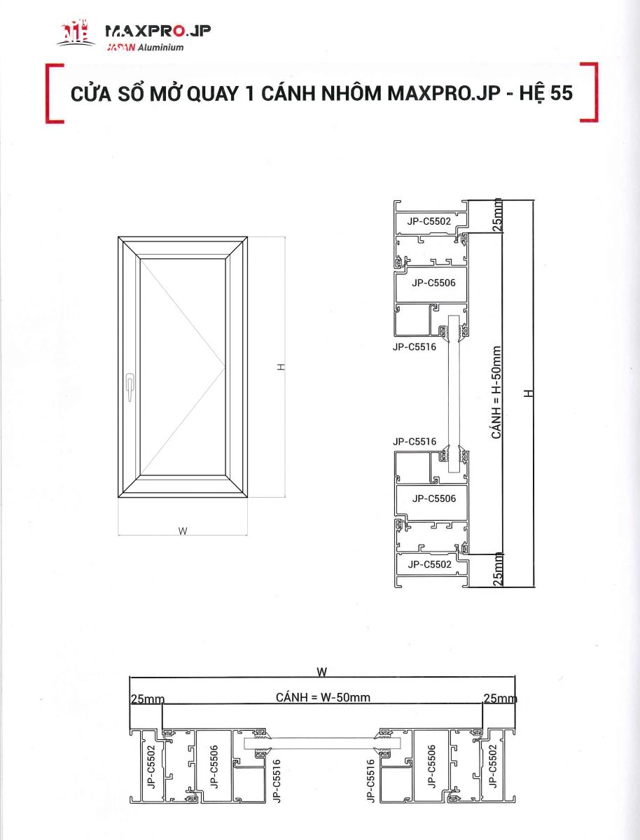 Bản vẽ kỹ thuât cửa sổ nhôm Maxpro hệ 55