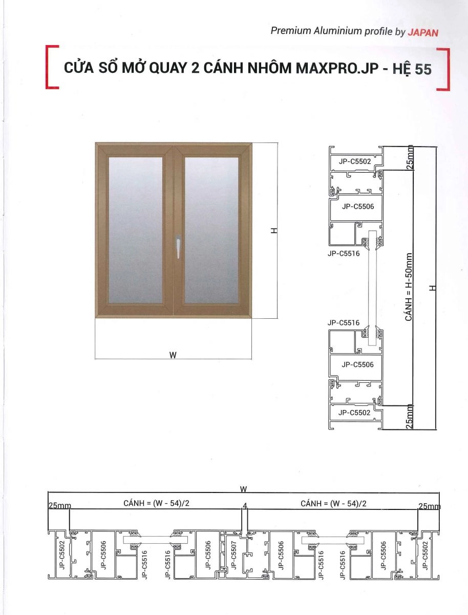 Bản vẽ kỹ thuât cửa sổ nhôm Maxpro hệ 55