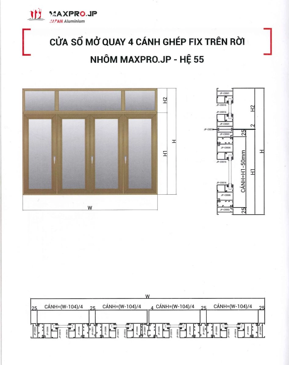 Bản vẽ kỹ thuât cửa sổ nhôm Maxpro hệ 55