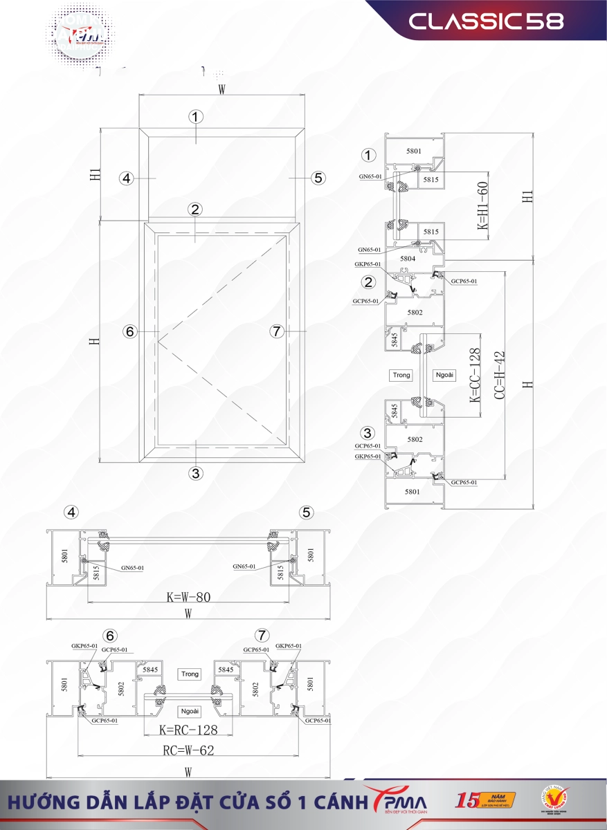 Hướng dẫn lắp đặt cửa sổ mở quay 1 cánh nhôm PMA Classic 58