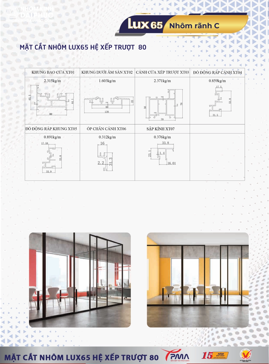 Mặt cắt nhôm xếp trượt PMA hệ 80