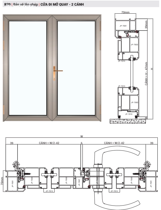 Bản vẽ lắp ghép cửa đi 2 cánh nhôm Maxpro hệ R70