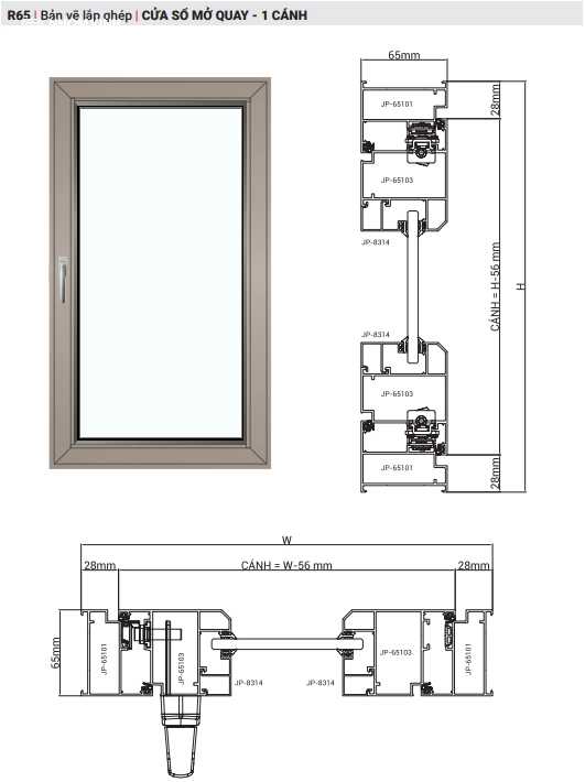 Bản vẽ lắp ghép cửa sổ 1 cánh nhôm Maxpro hệ R65