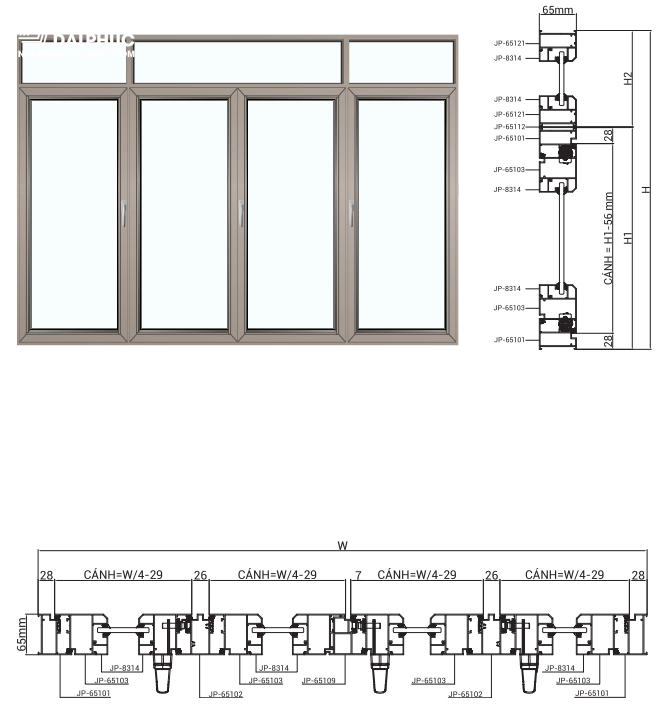 Sơ đồ cấu tạo chi tiết của cửa sổ 4 cánh mở quay nhôm Maxpro R65