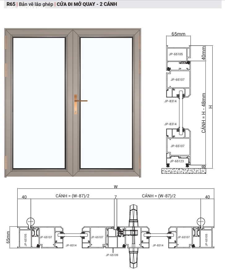 Bản vẽ lắp ráp cửa đi 2 cánh nhôm Maxpro hệ R65
