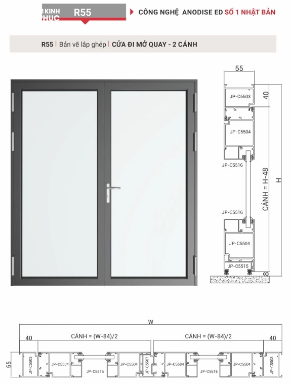 Bản vẽ cửa đi 2 cánh nhôm maxpro hệ 55