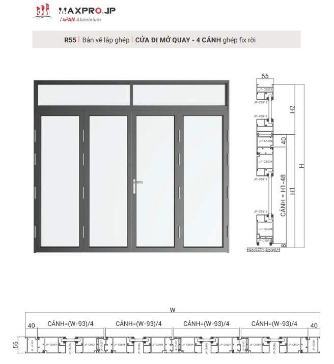 Bản vẽ cửa đi 4 cánh nhôm Maxpro hệ 55