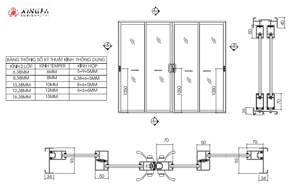 Bản vẽ kỹ thuật cửa đi làu 4 cánh nhôm xingfa hệ 93