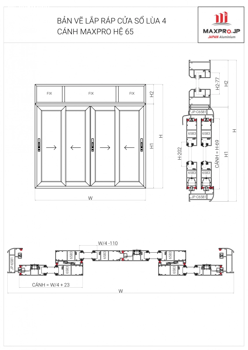 Bản vẽ cửa sổ lùa 4 cánh nhôm Maxpro hệ 65
