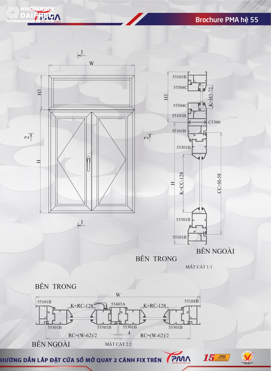 Bản vẽ cửa sổ 2 cánh mở quay nhôm PMA hệ 55 vát cạnh