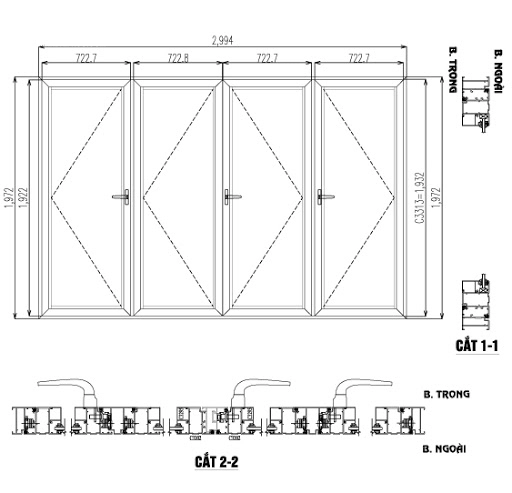Bản vẽ cửa sổ mở quay 4 cánh