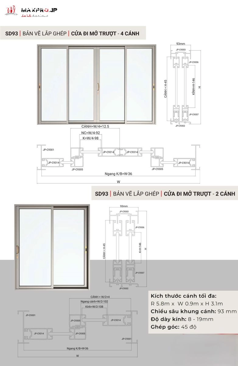 Bản vẽ mặt cắt hướng dẫn sản xuất lắp đặt cửa nhôm maxpro hệ 93