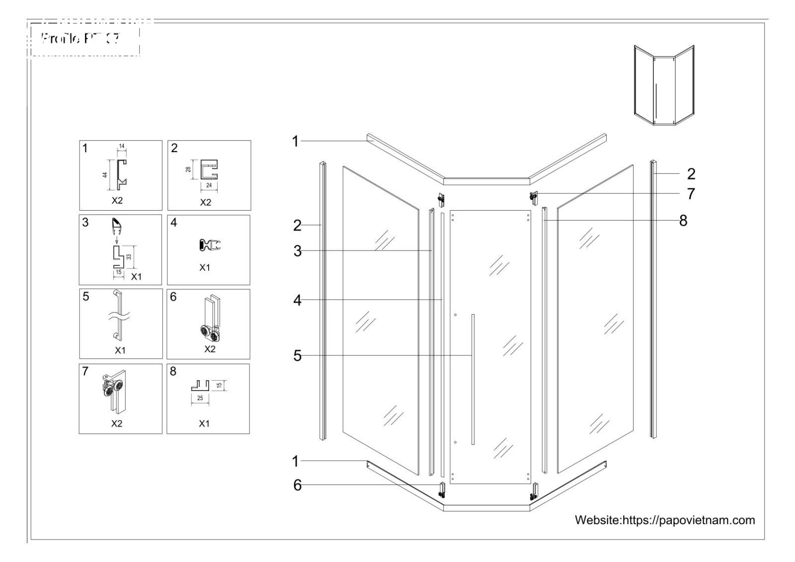 Bản vẽ kỹ thuật phòng tắm kính 135 độ của Papo