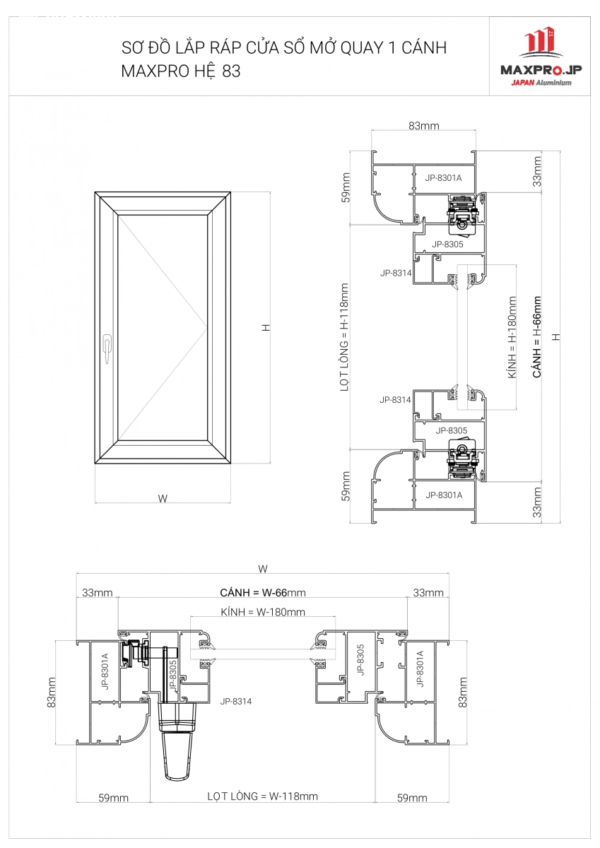 Bản vẽ sản xuất lắp ráp cửa sổ 1 cánh nhôm Maxpro hệ 83