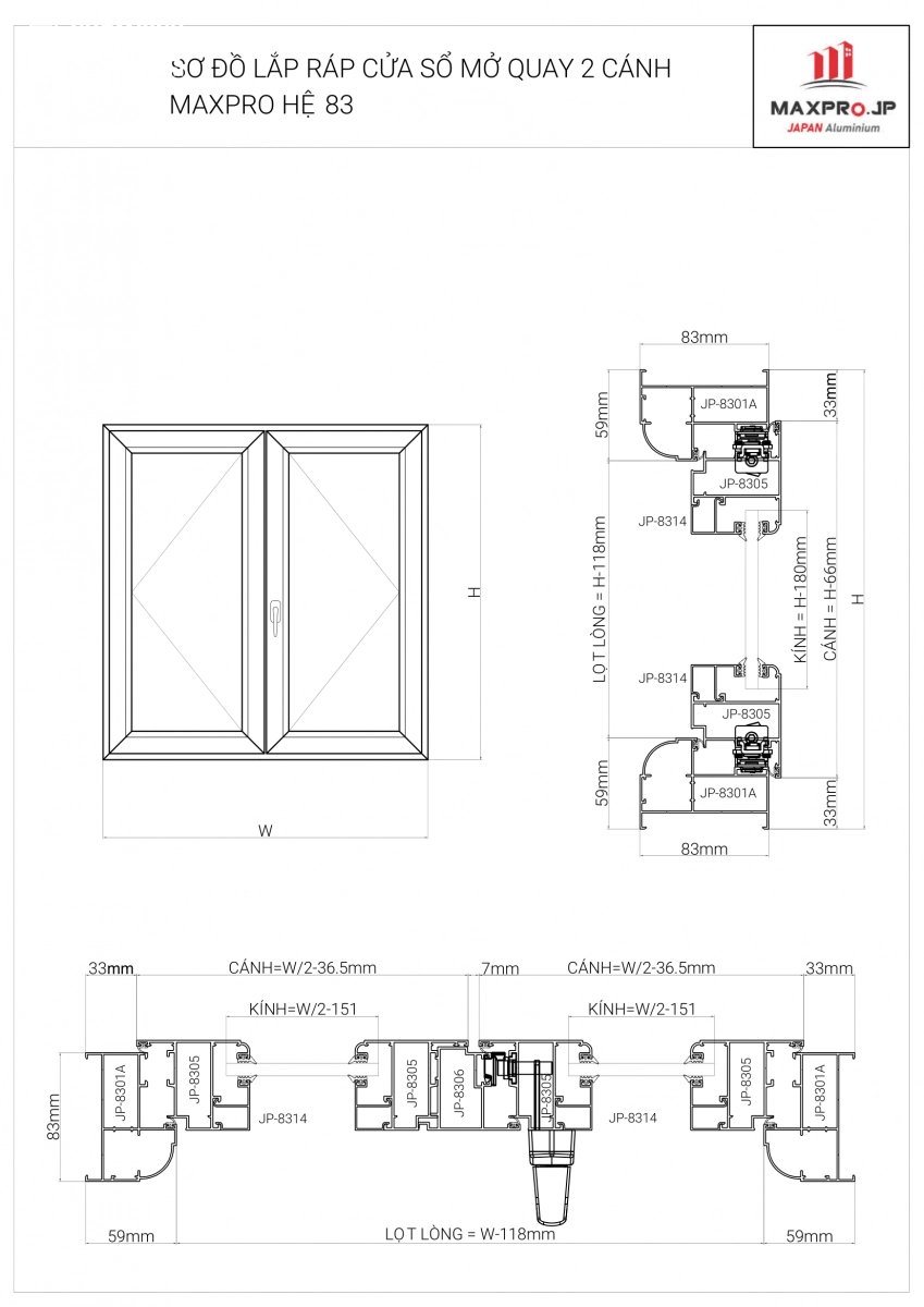 Bản vẽ sản xuất lắp ráp cửa sổ 2 cánh nhôm Maxpro hệ 83