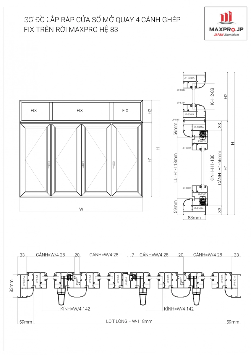 Bản vẽ sản xuất lắp ráp cửa sổ 4 cánh nhôm Maxpro hệ 83