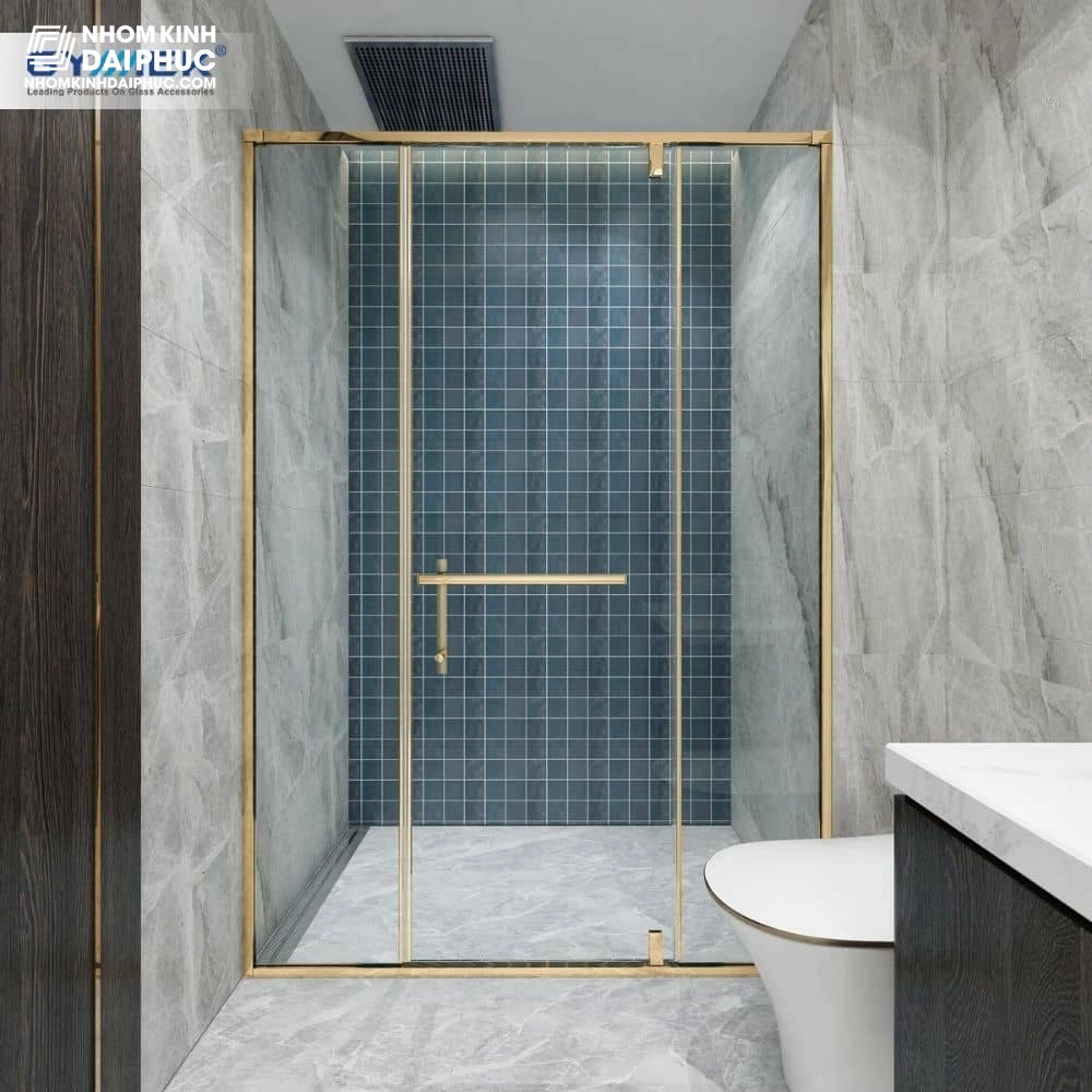 Cabin tắm GYMEK inox màu vàng gold hệ slim 180 độ cửa mở bản lề trục xoay