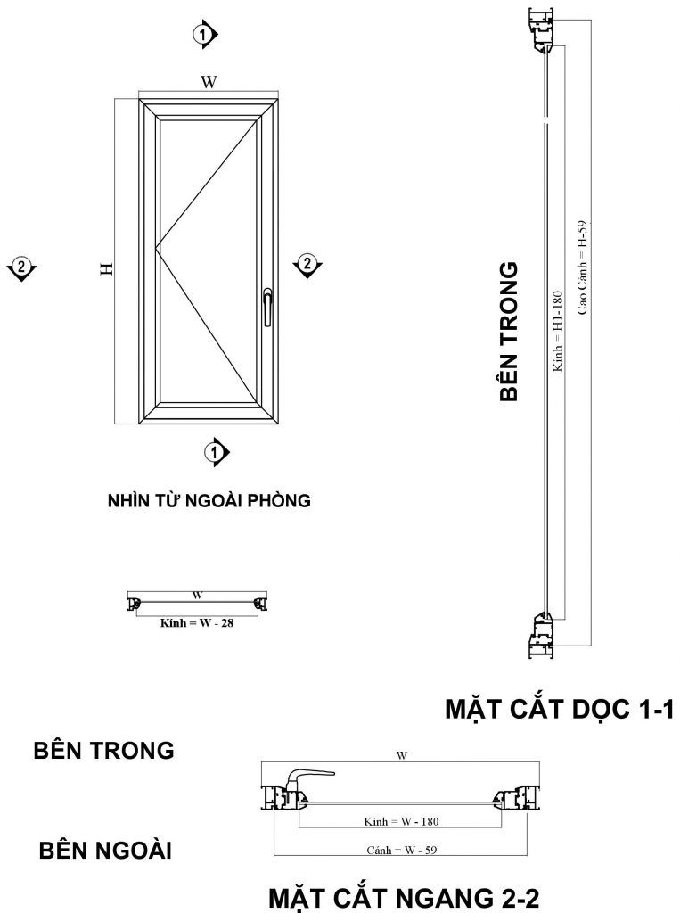 Bản vẽ cửa sổ mở quay 1 cánh