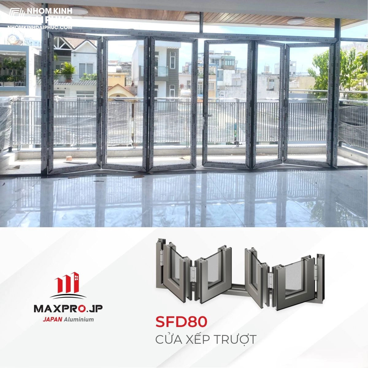 Cửa xếp trượt 6 cánh nhôm Maxpro hệ 80