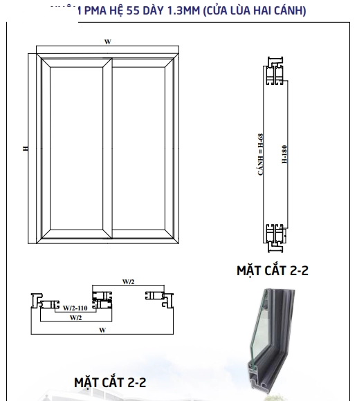 Bản vẽ cửa sổ mở trượt 2 cánh