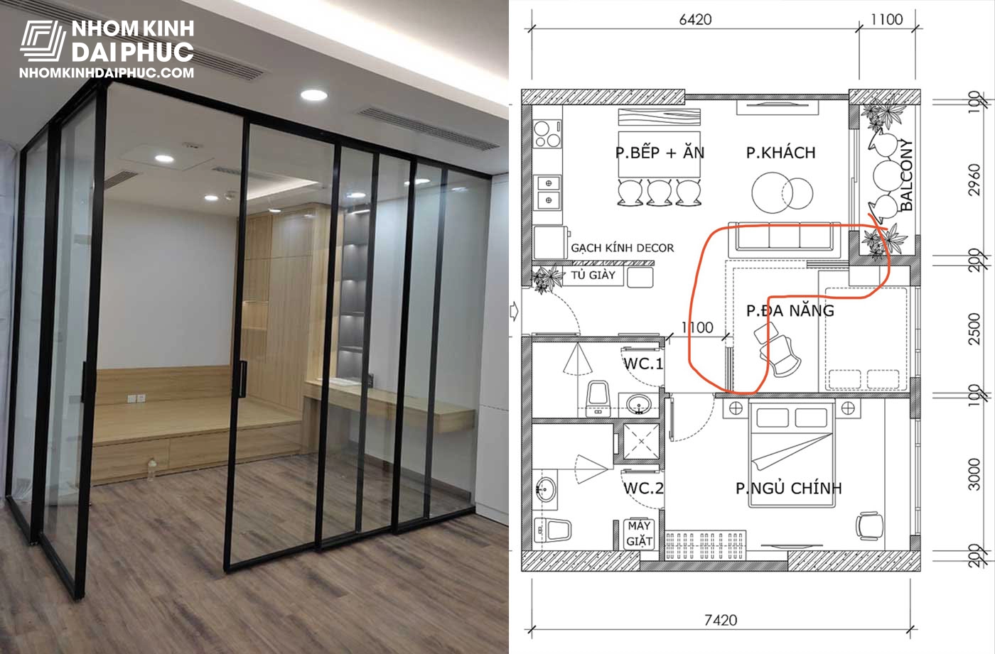 Cửa lùa slim nối góc 90 độ ở Nhà Bè