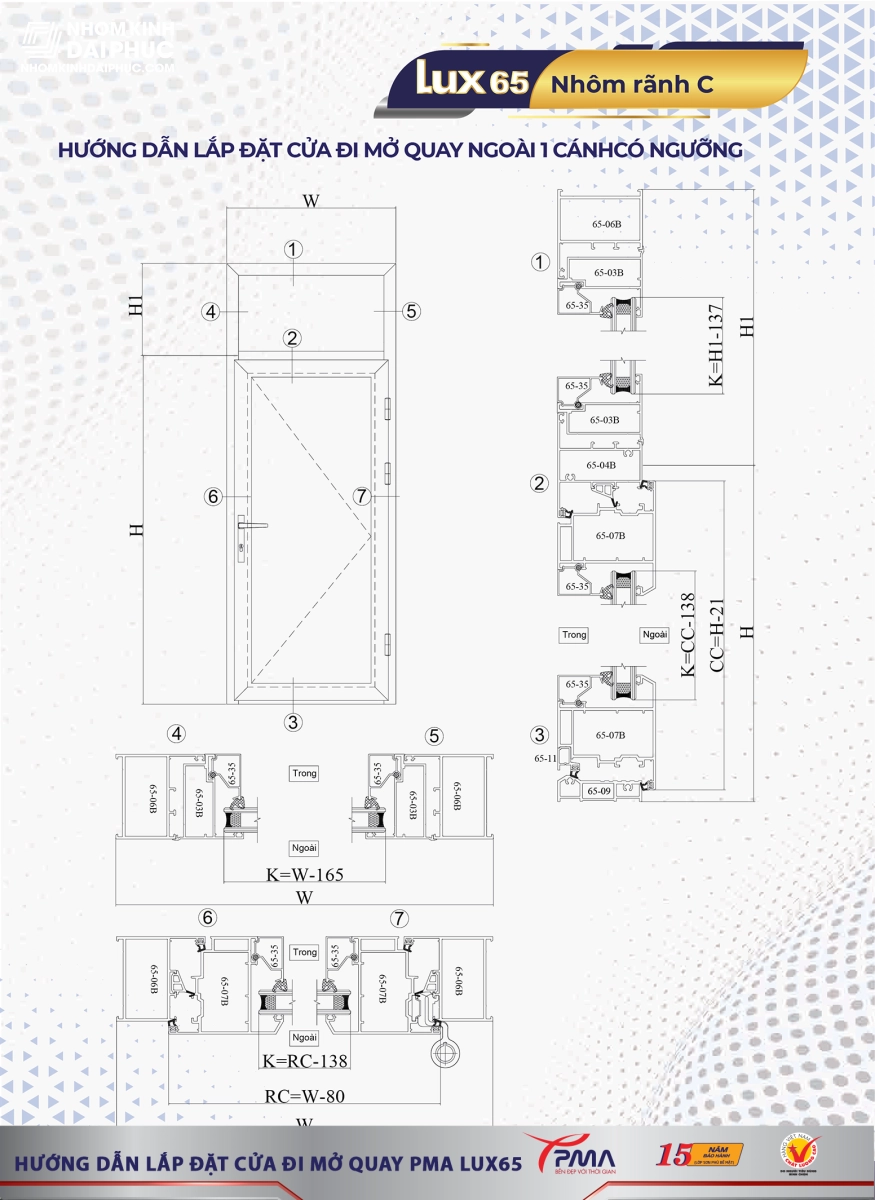 Hướng dẫn lắp đặt cửa nhôm PMA, cửa đi 1 cánh mở quay ngoài có ngưỡng