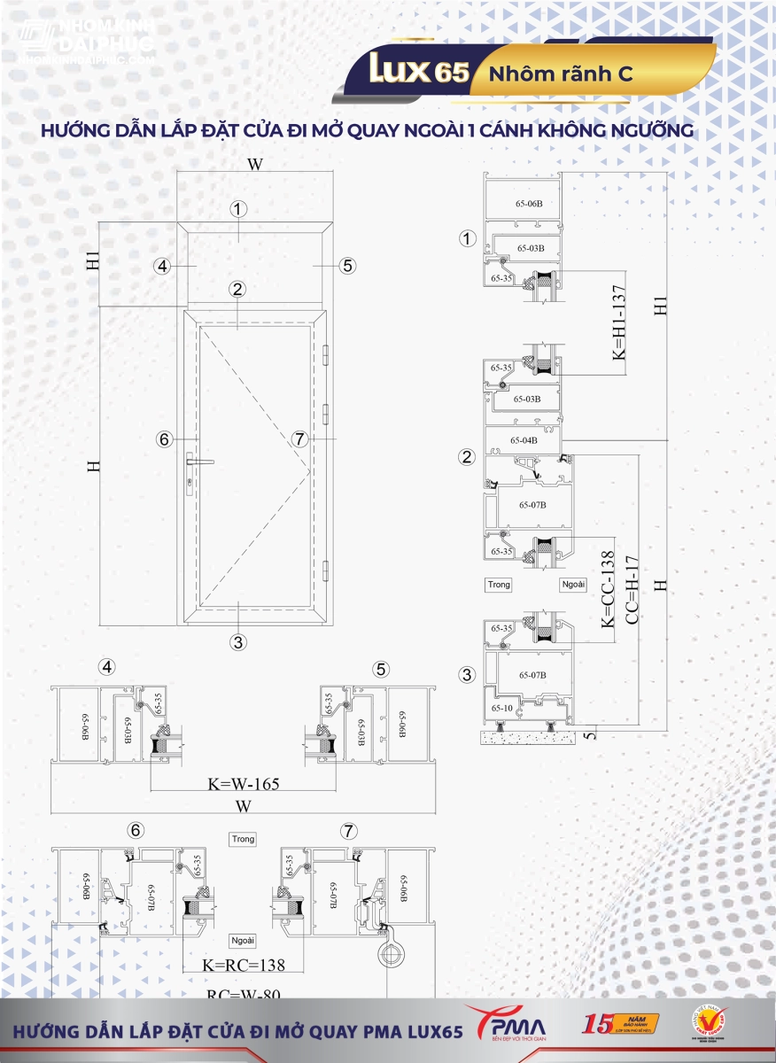 Hướng dẫn lắp đặt cửa nhôm PMA, cửa đi 1 cánh mở quay ngoài không ngưỡng