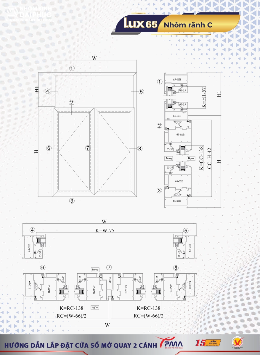 Hướng dẫn lắp đặt cửa sổ mở quay 2 cánh nhôm PMA hệ rãnh C