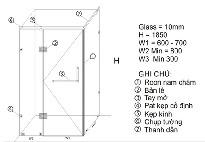 Bản vẽ phòng tắm kính mở quay 90 độ