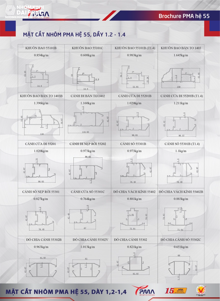 Mặt căt nhôm PMA hệ 55 vát cạnh
