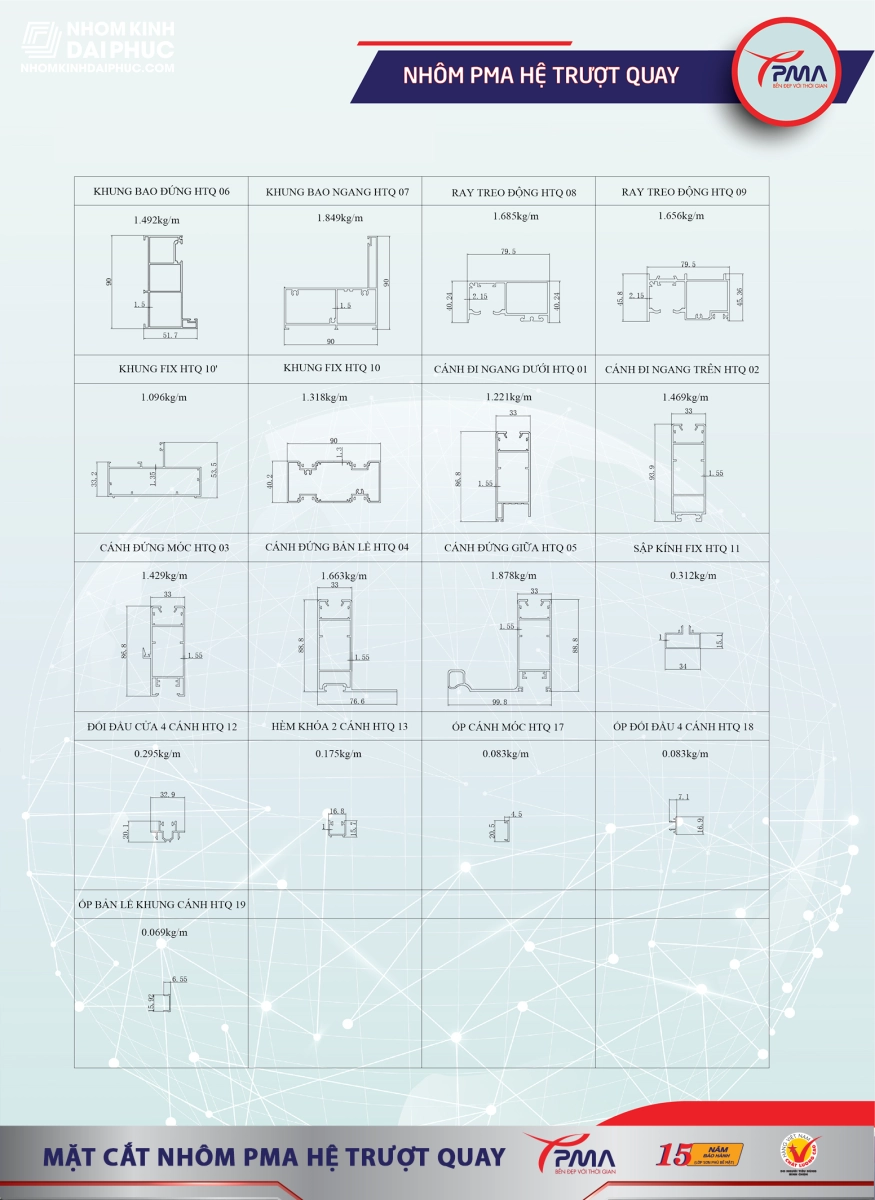 Mặt cắt nhôm PMA hệ trượt quay