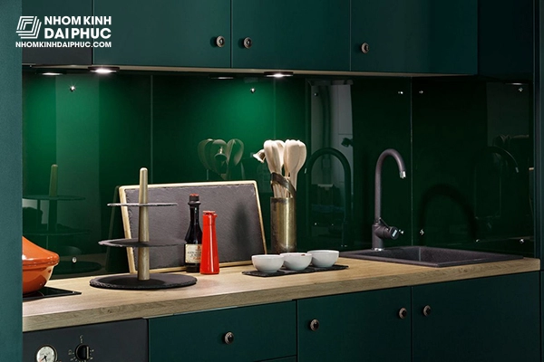 Mẫu kính ốp bếp màu xanh rêu