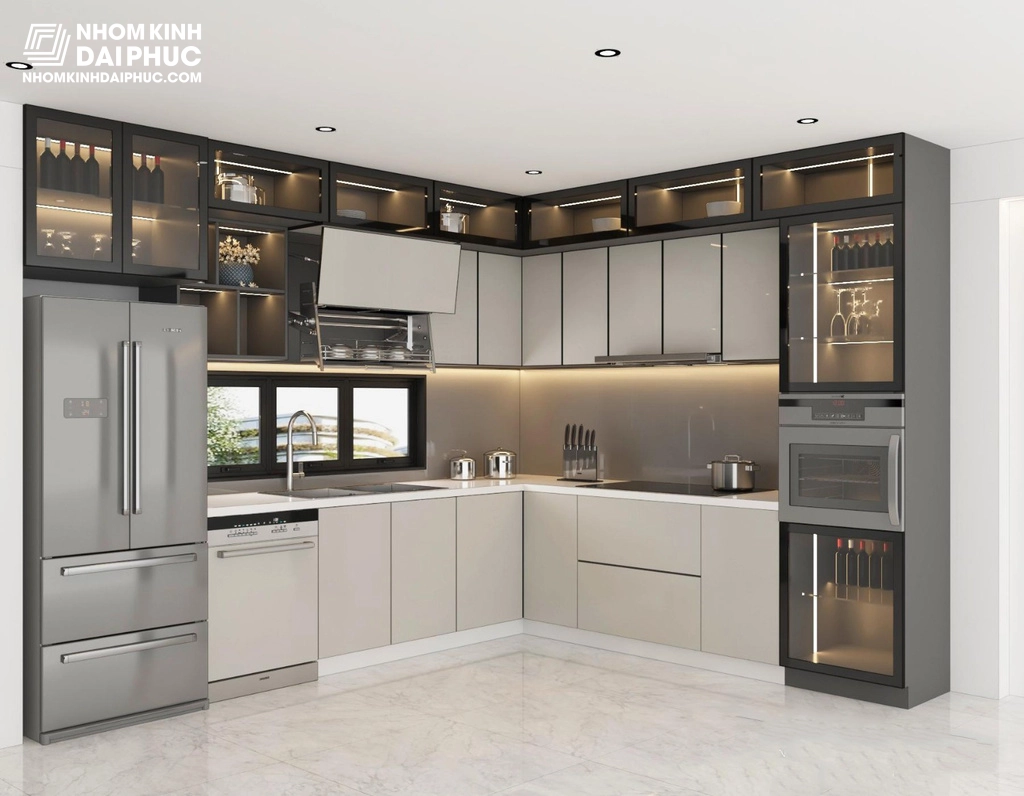 Tủ bếp cánh kính dùng chất liệu kính cường lực dễ dàng vệ sinh