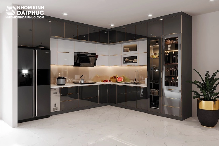 Tủ bếp cánh kính nhôm tấm cao cấp