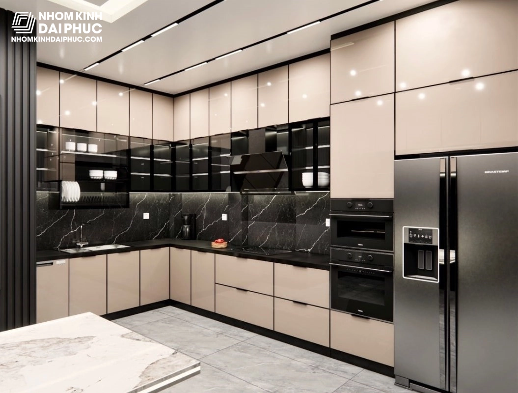 Tủ bếp nhôm hệ cánh kính tràn viền