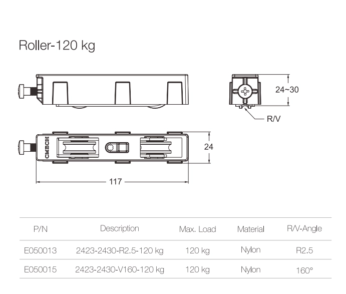 Bánh xe đôi rộng 24mm, cao 24-30mm, tải trọng 120kg (Kiểu R) Cmech E050013